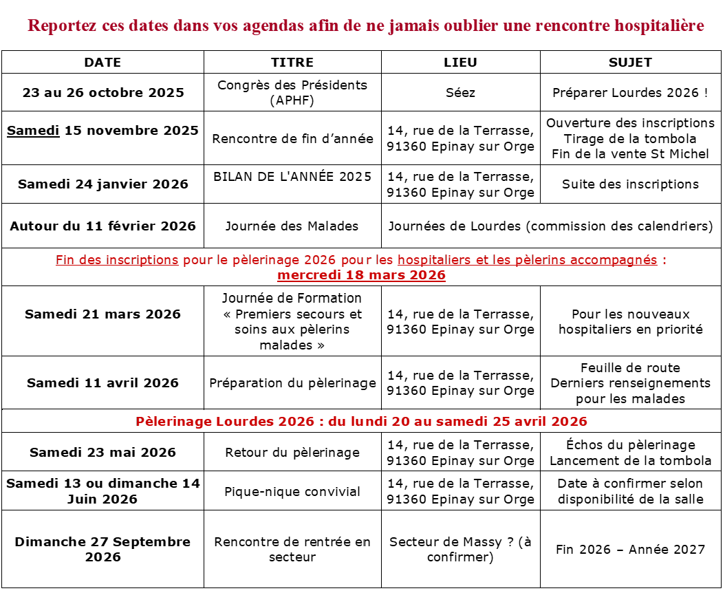calendrier2025 2026HospitaliteEvry