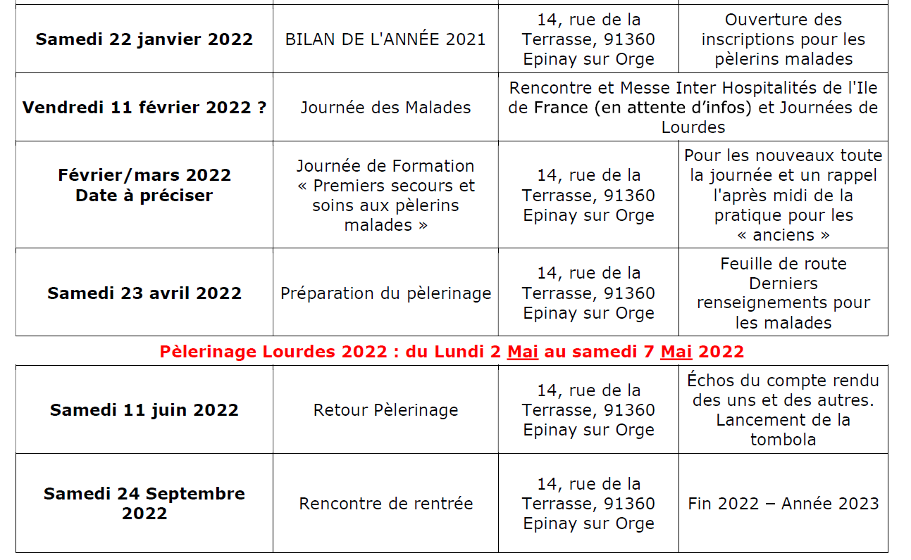 calendrier 2022 hospitalite